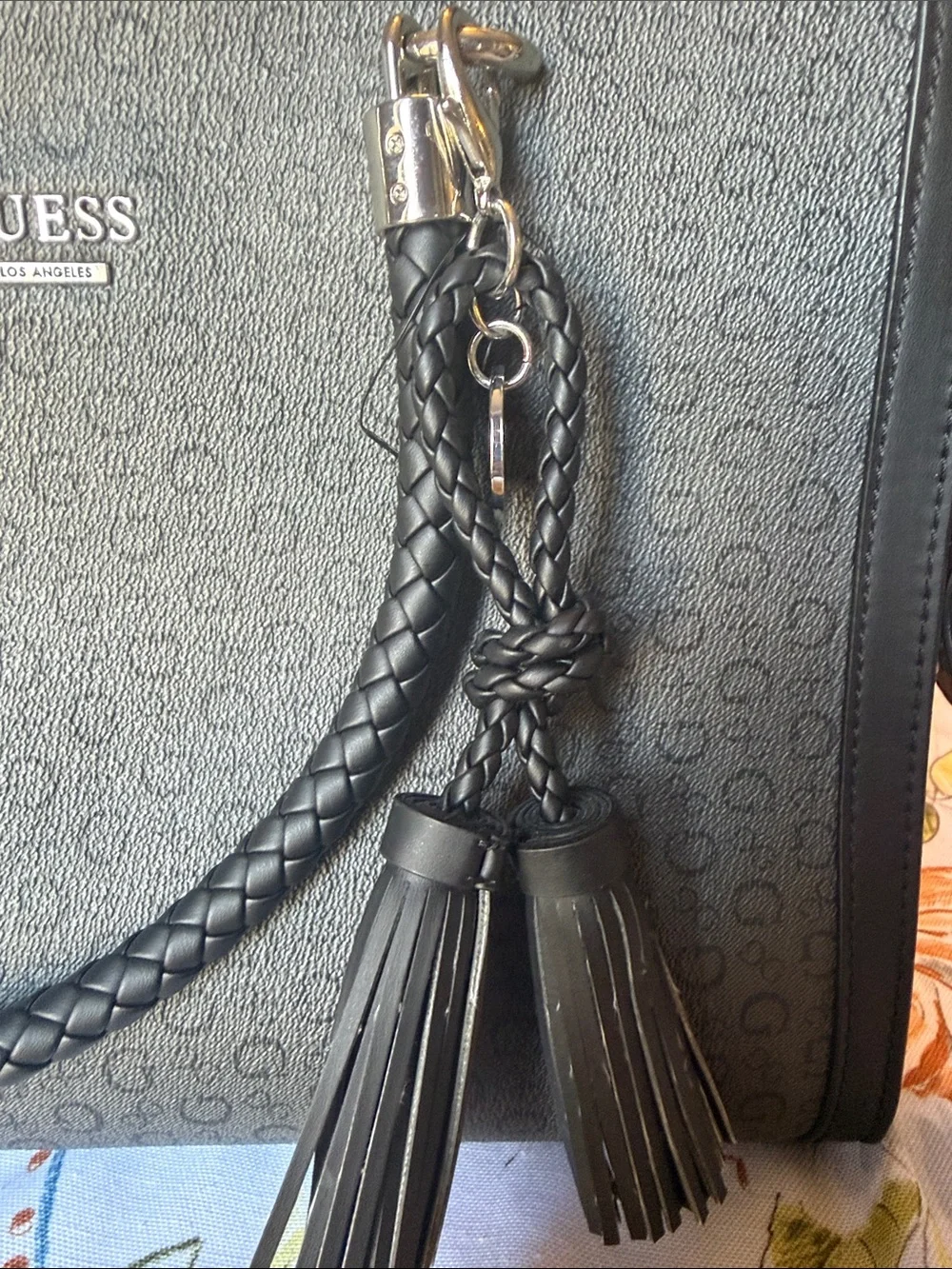 GUESS Black & Gray Monogram Satchel with Braided Handle and Tassels